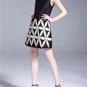 Black Sleeveless floral embroidery Dress with Geometric Pattern